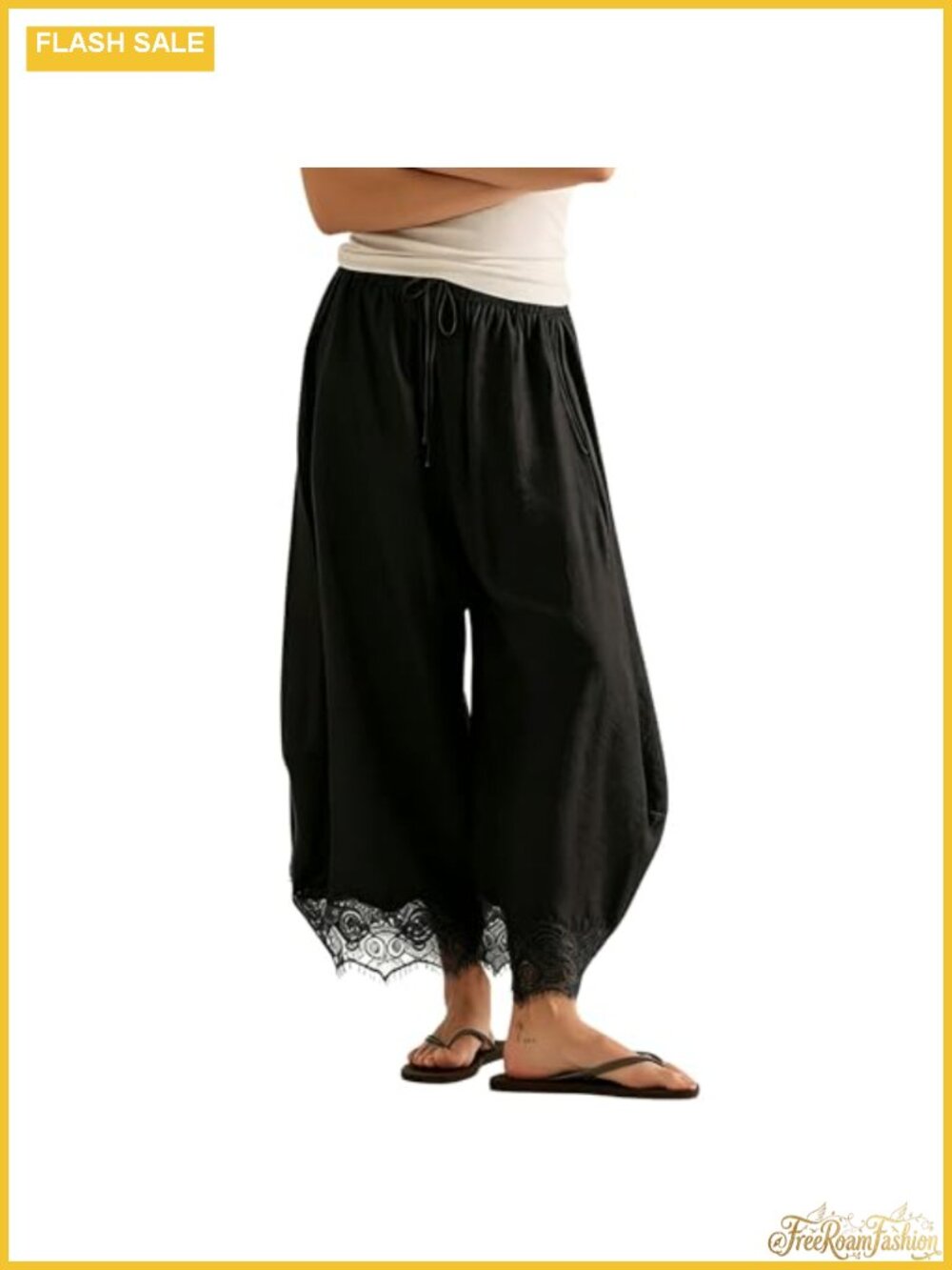 Lace Hem Wide Leg Palazzo Pants High Waist Drawstring Boho Summer